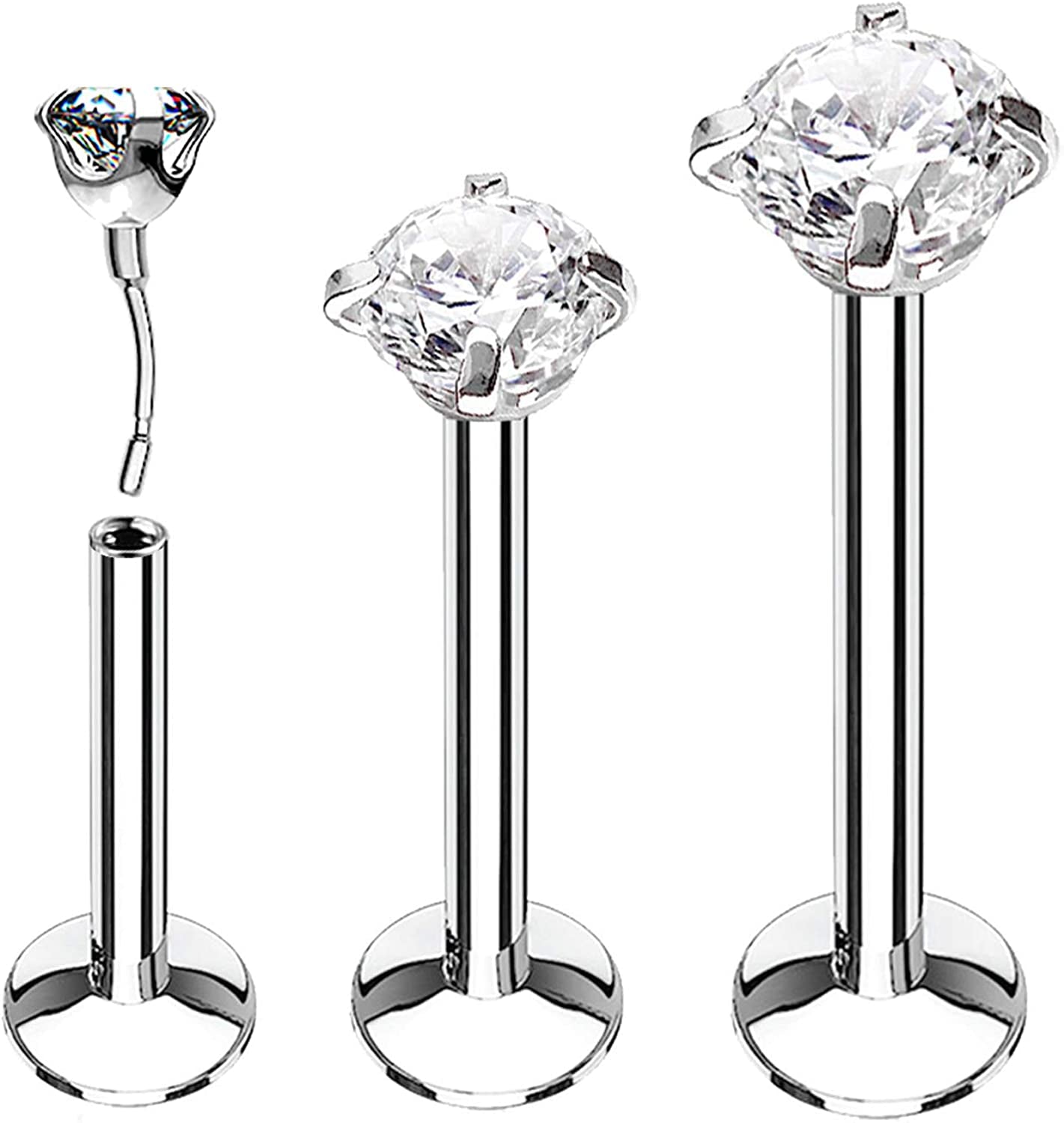 Bodyj4You 3PC Labret Tragus Stud Earrings | 16G Surgical Stainless Steel CZ Crystal | Monroe Helix Cartialge Conch Medusa Lip | Body Piercing Jewelry Set Apparel & Accessories > Jewelry > Body Jewelry BodyJ4You Silvertone, Threadless  
