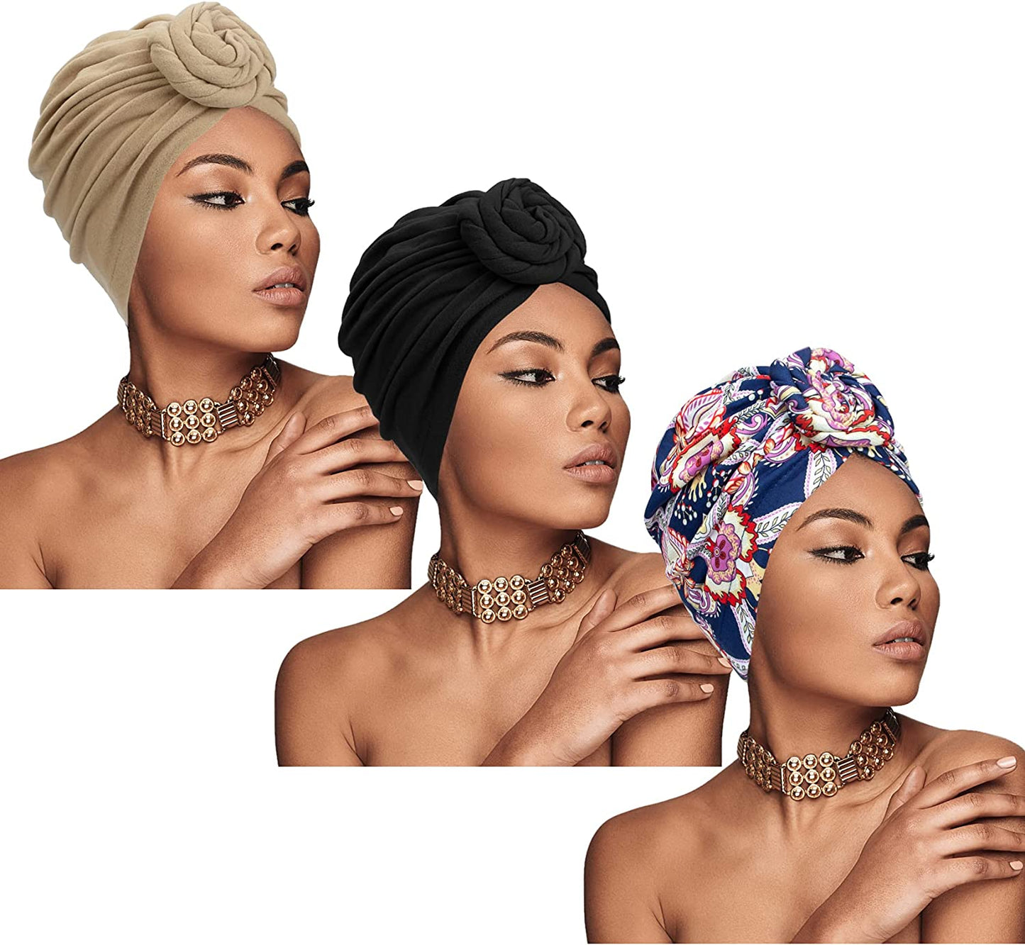 Chalier African Head Wrap for Women Knot Pre-Tied Fashion Turbans Head Wraps Beanie Hat Apparel & Accessories > Clothing Accessories > Bandanas & Headties Chalier Black Blue Flower Khaki  
