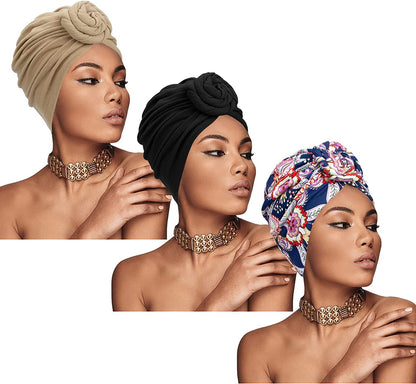 Chalier African Head Wrap for Women Knot Pre-Tied Fashion Turbans Head Wraps Beanie Hat Apparel & Accessories > Clothing Accessories > Bandanas & Headties Chalier Black Blue Flower Khaki  