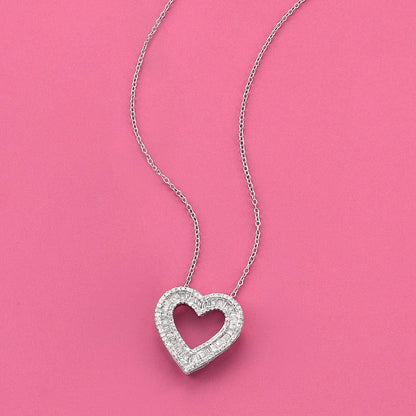 1.00 Ct. T.W. Baguette and round Diamond Heart Pendant Necklace in Sterling Silver