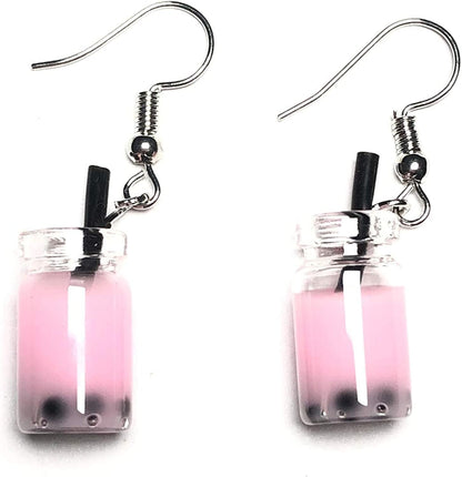 1-12 Pairs Funny Earrings Rubber Duck Gummy Bear Goldfish Water Bottle Strawberry Mushroom Boba Tea Butterfly Cloud Flowers Dinosaur Egg Earrings Milk Tea - Pink
