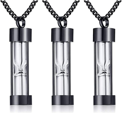 1-5 Pcs Stainless Steel Timeless Hourglass Glass Necklace Charm Cremation Urn Ash Holder Pendant Necklace Keepsake Memorial Jewelry for Men Women with Chain Black hourglass / 3* pendants