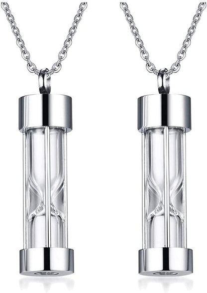 1-5 Pcs Stainless Steel Timeless Hourglass Glass Necklace Charm Cremation Urn Ash Holder Pendant Necklace Keepsake Memorial Jewelry for Men Women with Chain Silver hourglass / 2* pendants