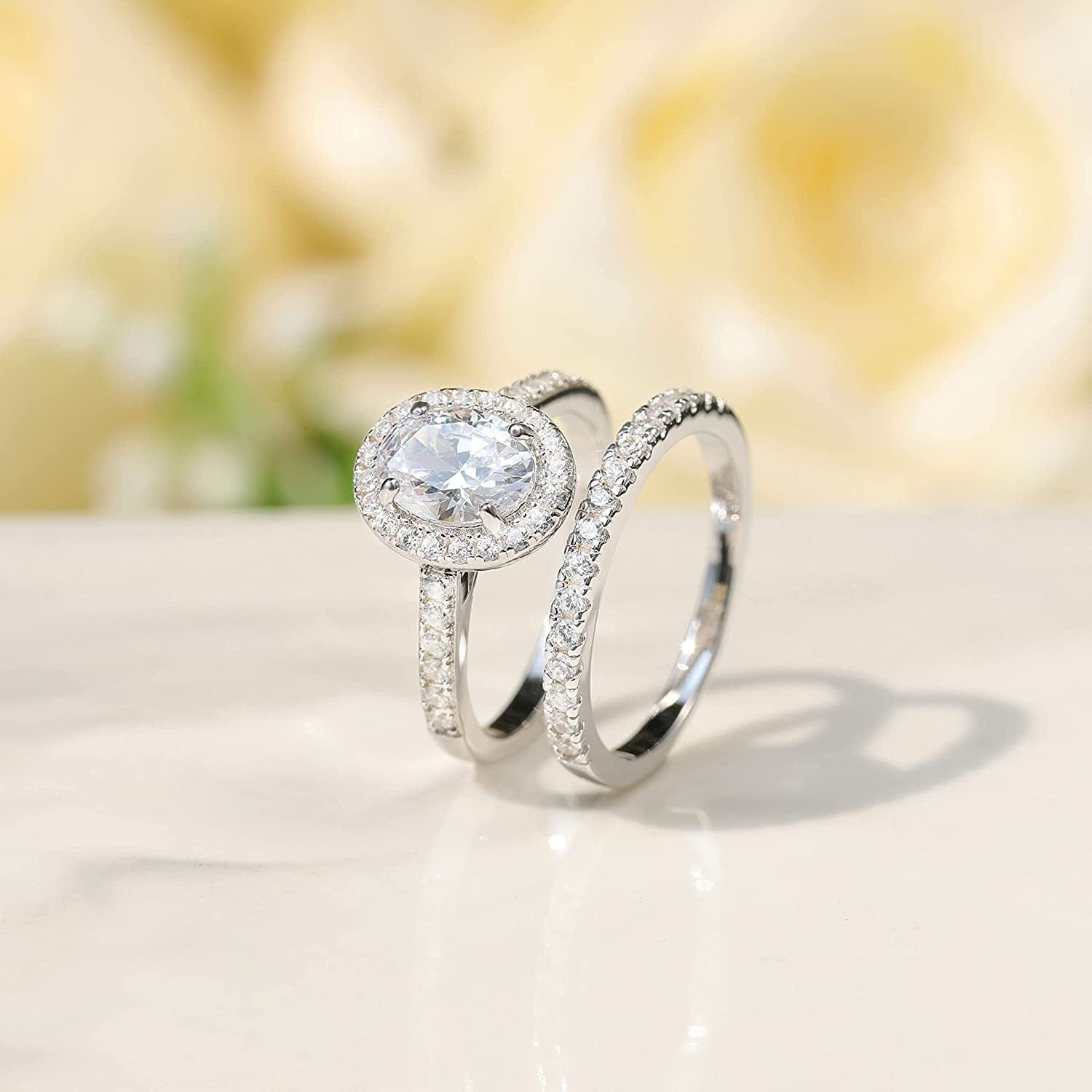 1.5CT 925 Sterling Silver Cubic Zirconia Bridal Rings Sets Oval Cut CZ Engagement Rings Wedding Band for Women Size 3-13
