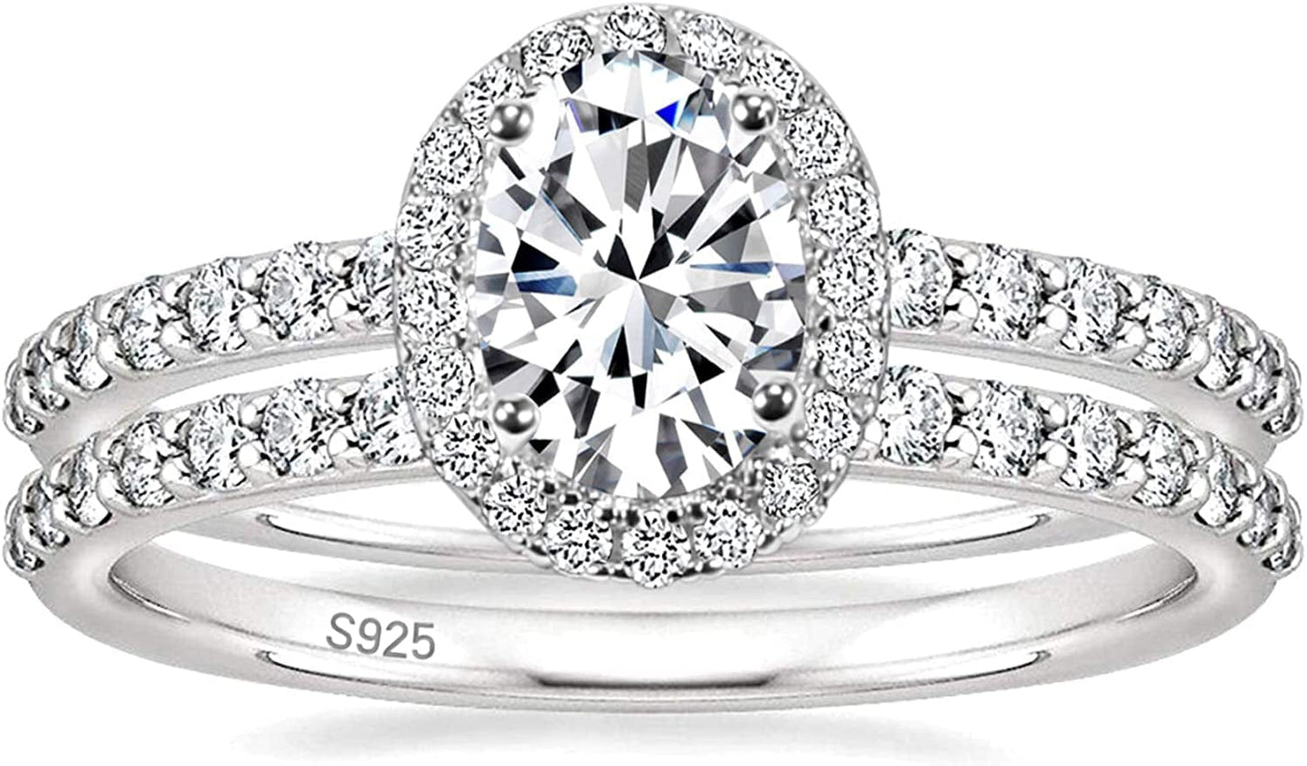 1.5CT 925 Sterling Silver Cubic Zirconia Bridal Rings Sets Oval Cut CZ Engagement Rings Wedding Band for Women Size 3-13 Silver / 10