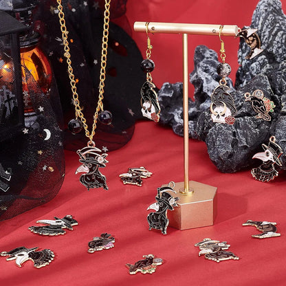 1 Box 24Pcs 6 Styles Halloween Gothic Charms Raven Enamel Charm Raven Gothic Pendants Black Skull Moon Bird Crow Charm Pendants for Jewelry Making Charms Christmas Necklace Bracelet Earring