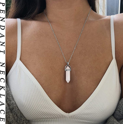 10 Pcs Crystals Pendant Necklace for Women, Silver Tree of Life Wire Wrapped Healing Crystal Stone Necklace, Evil Eye Necklace, Chakra Necklace, Hexagonal Crystal Bohemian Necklaces Set for Gifts