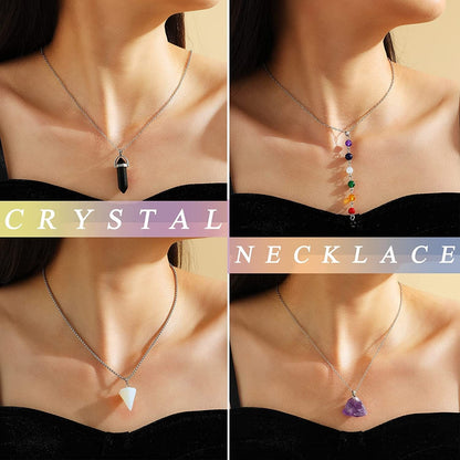 10 Pcs Crystals Pendant Necklace for Women, Silver Tree of Life Wire Wrapped Healing Crystal Stone Necklace, Evil Eye Necklace, Chakra Necklace, Hexagonal Crystal Bohemian Necklaces Set for Gifts