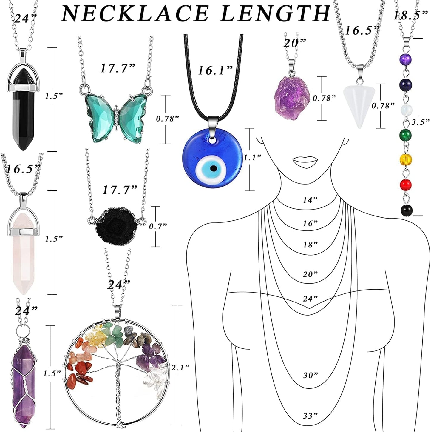 10 Pcs Crystals Pendant Necklace for Women, Silver Tree of Life Wire Wrapped Healing Crystal Stone Necklace, Evil Eye Necklace, Chakra Necklace, Hexagonal Crystal Bohemian Necklaces Set for Gifts