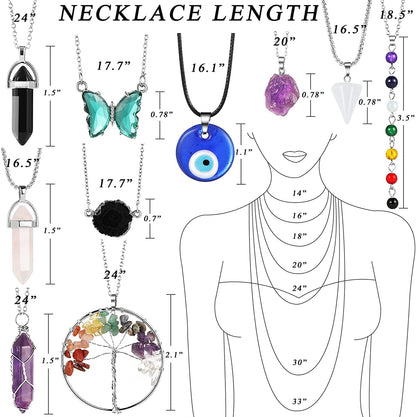 10 Pcs Crystals Pendant Necklace for Women, Silver Tree of Life Wire Wrapped Healing Crystal Stone Necklace, Evil Eye Necklace, Chakra Necklace, Hexagonal Crystal Bohemian Necklaces Set for Gifts