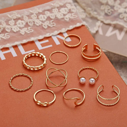 10 Pcs Gold Knuckle Stackable Rings Set for Women, Bohemian Gold/Silver Plated Comfort Fit Vintage VSCO Wave Joint Finger Rings Gift