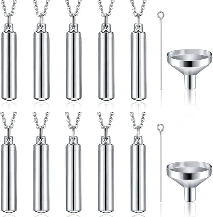 10 Pieces Urn Necklace for Ashes Cremation Cylinder Memorial Stainless Steel Memorial Pendant for Women Men Loved Ones Silver / 10
