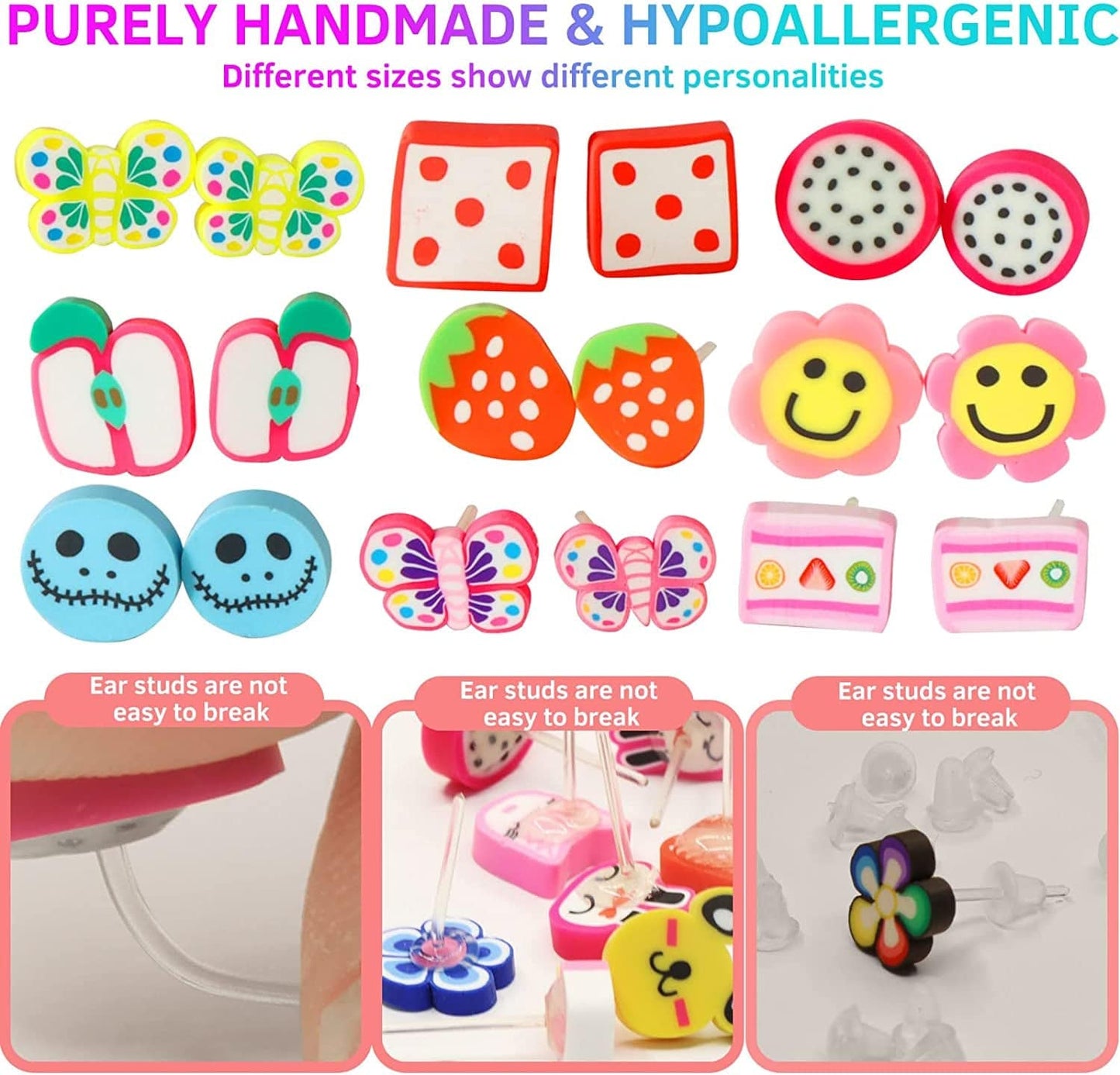 100 Pairs Polymer Clay Colorful Cute Hypoallergenic Stud Earrings Set for Women, Birthday, Christmas, Halloween Polymer Clay