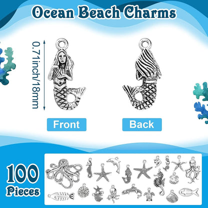 100 Pcs Beach Charms for Jewelry Making Sea Theme Ocean Enamel Pendant Charms Mermaid Marine Collection Nautical Charms for Necklace Bracelet Earring Slime DIY Jewelry Accessories