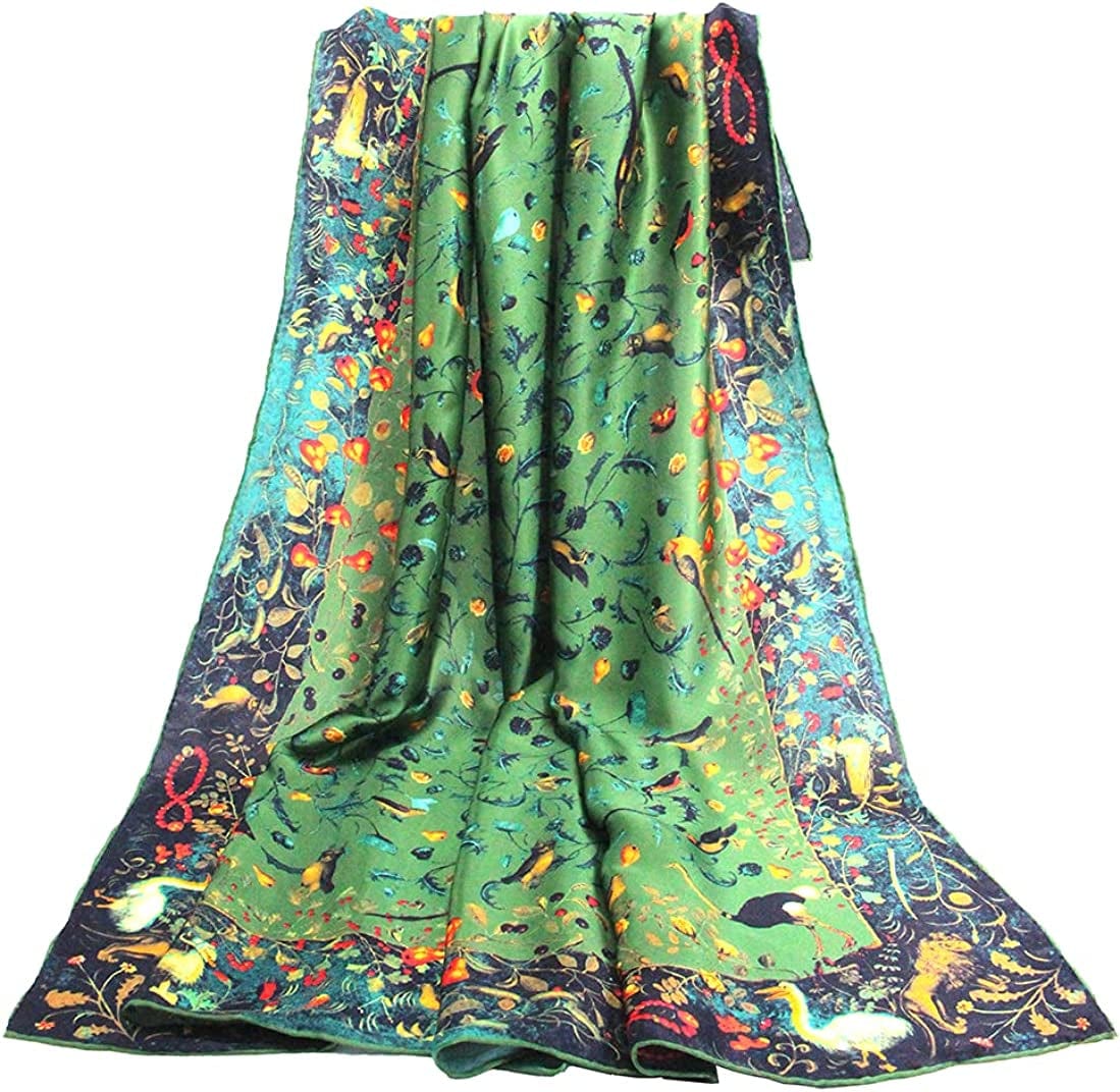 100% Pure Mulberry Silk Scarf 43" Large Square Lightweight Headscarf& Shawl–Women Hair Wraps-With Gift Packed Apparel & Accessories > Clothing Accessories > Scarves & Shawls KYLIE MAX Jade Green-birds  