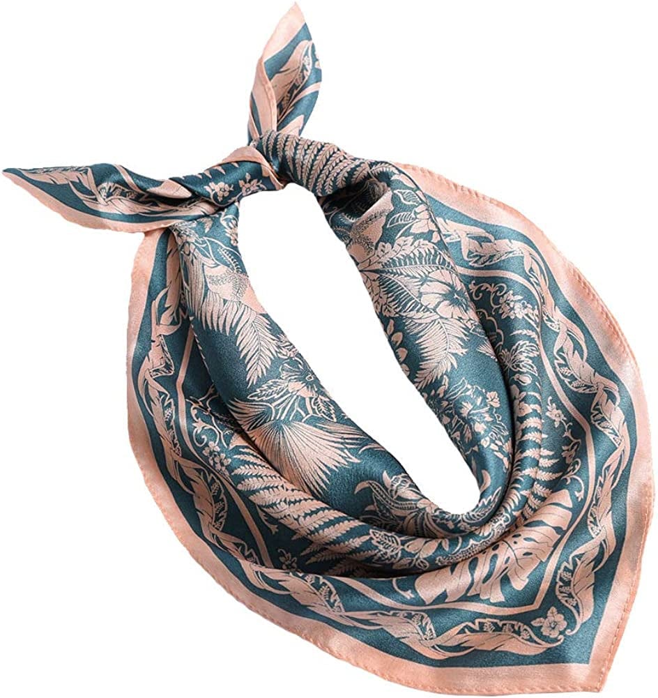 100% Pure Mulberry Silk Scarf 43" Large Square Lightweight Headscarf& Shawl–Women Hair Wraps-With Gift Packed Apparel & Accessories > Clothing Accessories > Scarves & Shawls KYLIE MAX Pink Leaves-green  