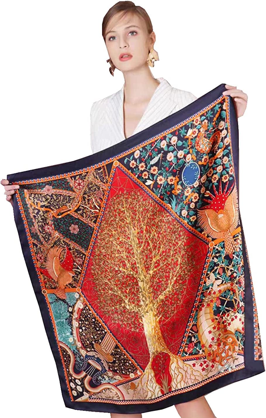 100% Pure Mulberry Silk Scarf 43" Large Square Lightweight Headscarf& Shawl–Women Hair Wraps-With Gift Packed Apparel & Accessories > Clothing Accessories > Scarves & Shawls KYLIE MAX Navy Plant World  