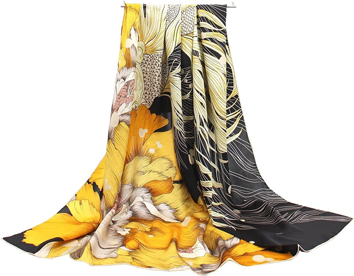 100% Pure Mulberry Silk Scarf 43" Large Square Lightweight Headscarf& Shawl–Women Hair Wraps-With Gift Packed Apparel & Accessories > Clothing Accessories > Scarves & Shawls KYLIE MAX Black&gold  