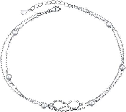 Flyow Anklet for Women S925 Sterling Silver Adjustable Foot Beaded Heart Charm Ankle Bracelet Anklets Jewelry Apparel & Accessories > Jewelry > Anklets FLYOW silver infinity 10+1  