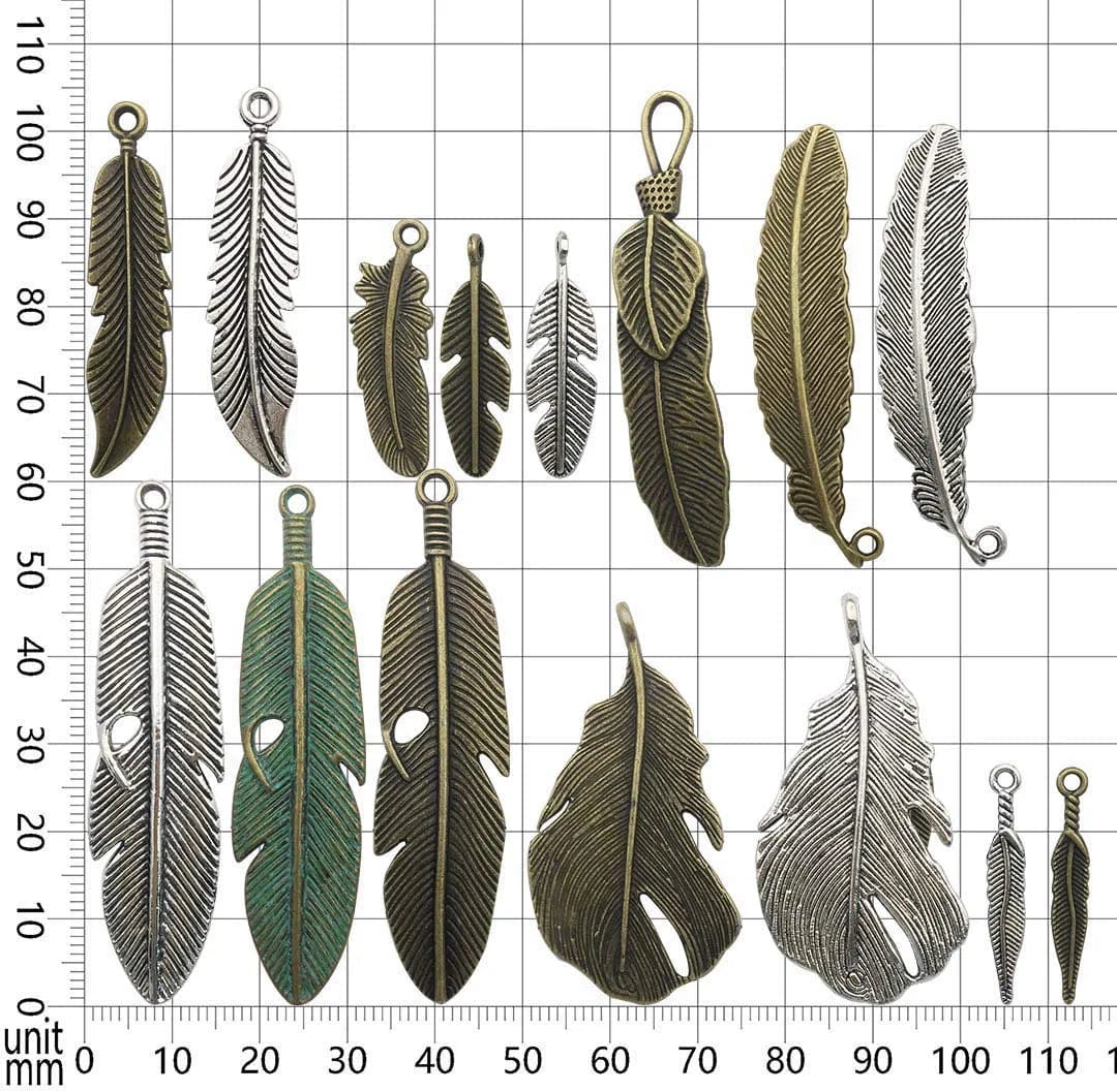 100G Feather Charms Collection - Antique Silver Bronze Patina Big Goose Bird Plume Plumage Pinion Wing Feather Metal Pendants for Jewelry Making DIY Findings (HM17)