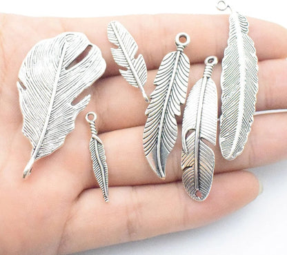 100G Feather Charms Collection - Antique Silver Bronze Patina Big Goose Bird Plume Plumage Pinion Wing Feather Metal Pendants for Jewelry Making DIY Findings (HM17)