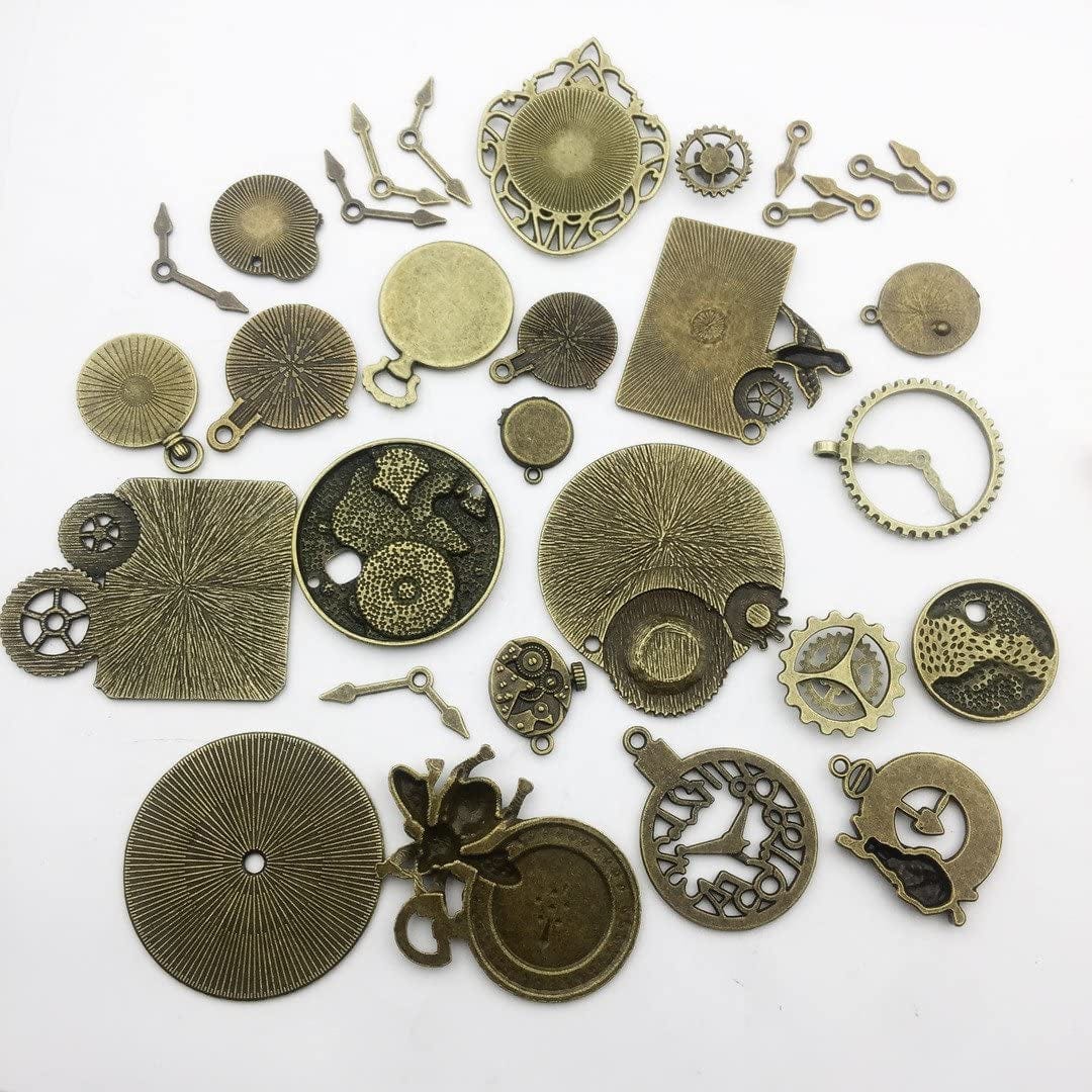 100G Steampunk Clock Face Dial Pointer Charm Pendant, Mix Antique Metal Pendant Supplies Findings for Jewelry Making (Bronze HM71) Bronze Clock Charms