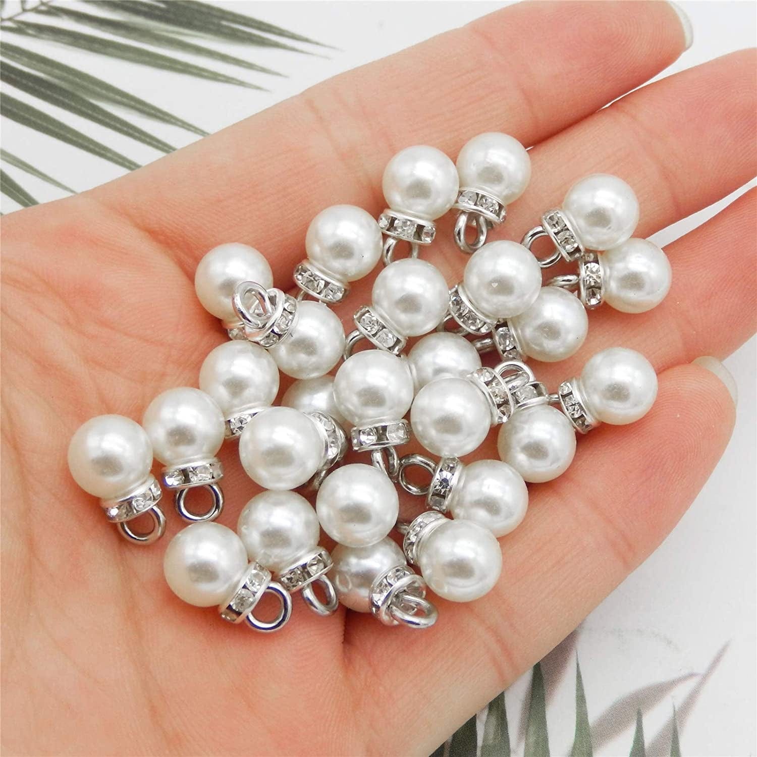 100Pcs 8Mm White Imitation Pearl Charms Pendants Faux Pearl Beads Charms with Rhinestone for Dangle Earrings Necklace Jewelry Making