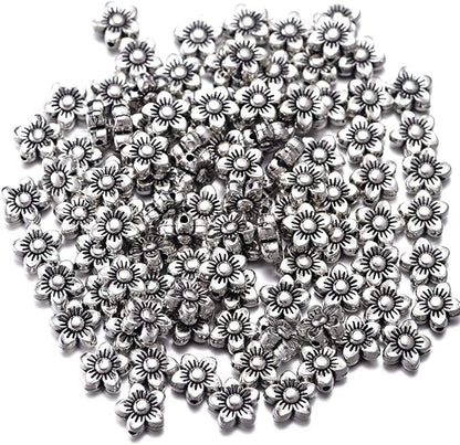 100Pcs Antique Silver Flower Pendant Beads Charms Bracelet DIY Jewelry Making 8.5Mmx8.5Mm (A539)