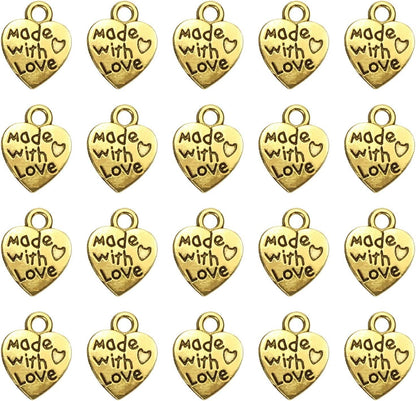 100PCS Mini Metal Beads Heart Shaped “Made with Love” Charms Bulk for DIY Craft Keychain Necklace Pendants Bracelets Earrings Jewelry Making Findings (Silver) Gold