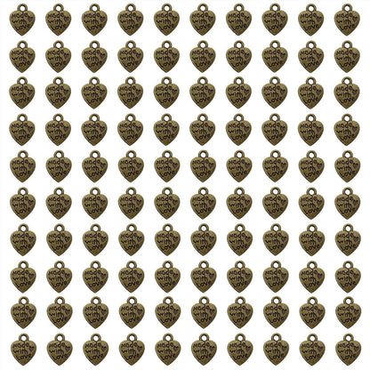 100PCS Mini Metal Beads Heart Shaped “Made with Love” Charms Bulk for DIY Craft Keychain Necklace Pendants Bracelets Earrings Jewelry Making Findings (Silver) Bronze