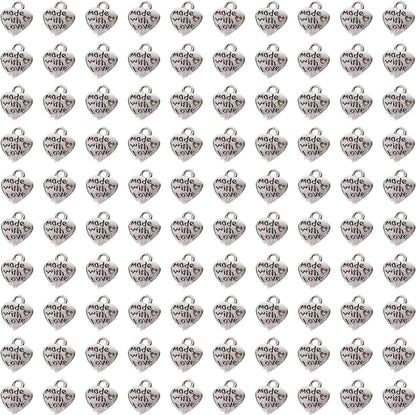 100PCS Mini Metal Beads Heart Shaped “Made with Love” Charms Bulk for DIY Craft Keychain Necklace Pendants Bracelets Earrings Jewelry Making Findings (Silver) Silver