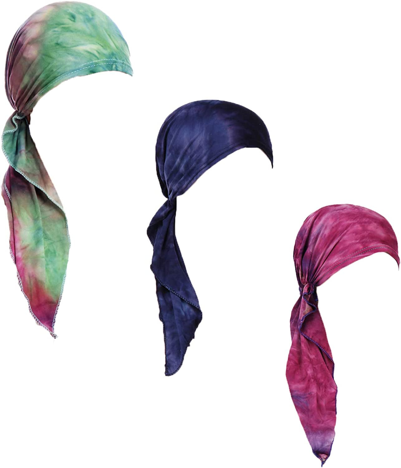 Pre Tied Chemo Head Scarf 3 Packed Beanie Skull Cover Cap for Women (Set6-Long Style) Apparel & Accessories > Clothing Accessories > Bandanas & Headties Qovelly L14-tie Dye-3 Packed  