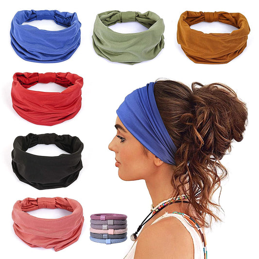Gili 6 Pack Wide Headbands for Women Non Slip Soft Elastic Hair Bands Yoga Running Sports Workout Gym Head Wraps , Knotted Cotton Cloth African Turbans Bandana ( with 6 Pcs Hair Ties) Apparel & Accessories > Clothing Accessories > Bandanas & Headties GILI 6 Color (Black+Brown+Red+Green+Blue+Pink)  