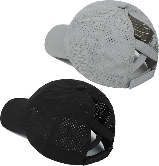 HGGE 2 Pack Womens Criss Cross Ponytail Baseball Caps Adjustable High Messy Bun Ponycap Quick Drying Hat Apparel & Accessories > Clothing Accessories > Hats HGGE Black & Light Gray  