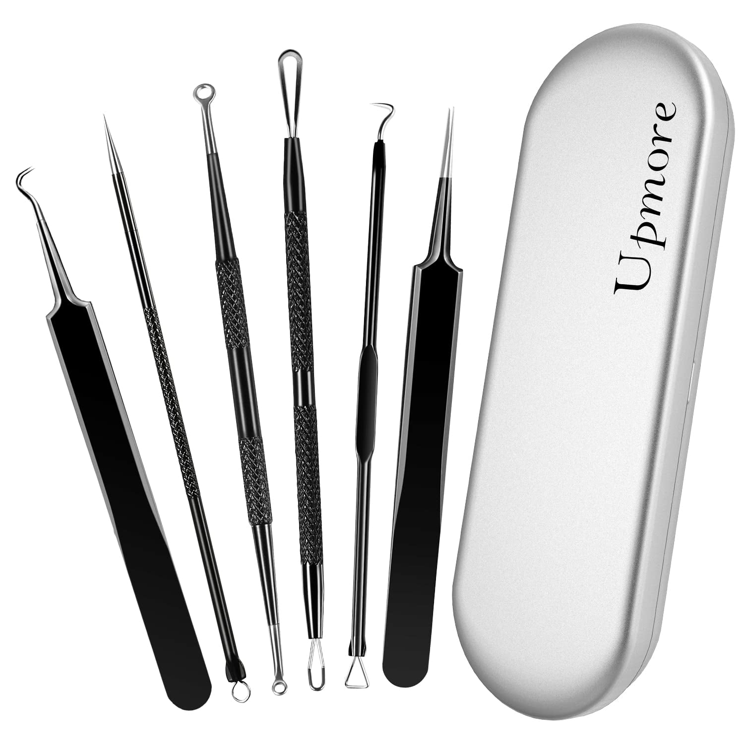 Pimple Popper Tool Kit, Upmore 6PCS Blackhead Remover Professional Stainless Acne Blemish Comedone Extractor Removal Tools with Metal Case and Tweezers for Whitehead Acne on Nose Face Health & Beauty > Personal Care > Cosmetics > Cosmetic Tools > Skin Care Tools Upmore Black  