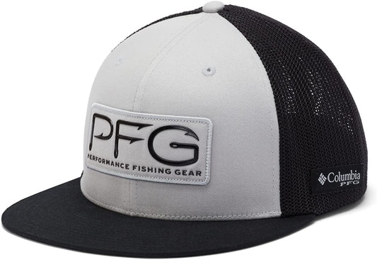 Columbia PFG Mesh Flat Brim Ball Cap Apparel & Accessories > Clothing Accessories > Hats Columbia Cool Grey/Pfg Hooks Black Large-X-Large 
