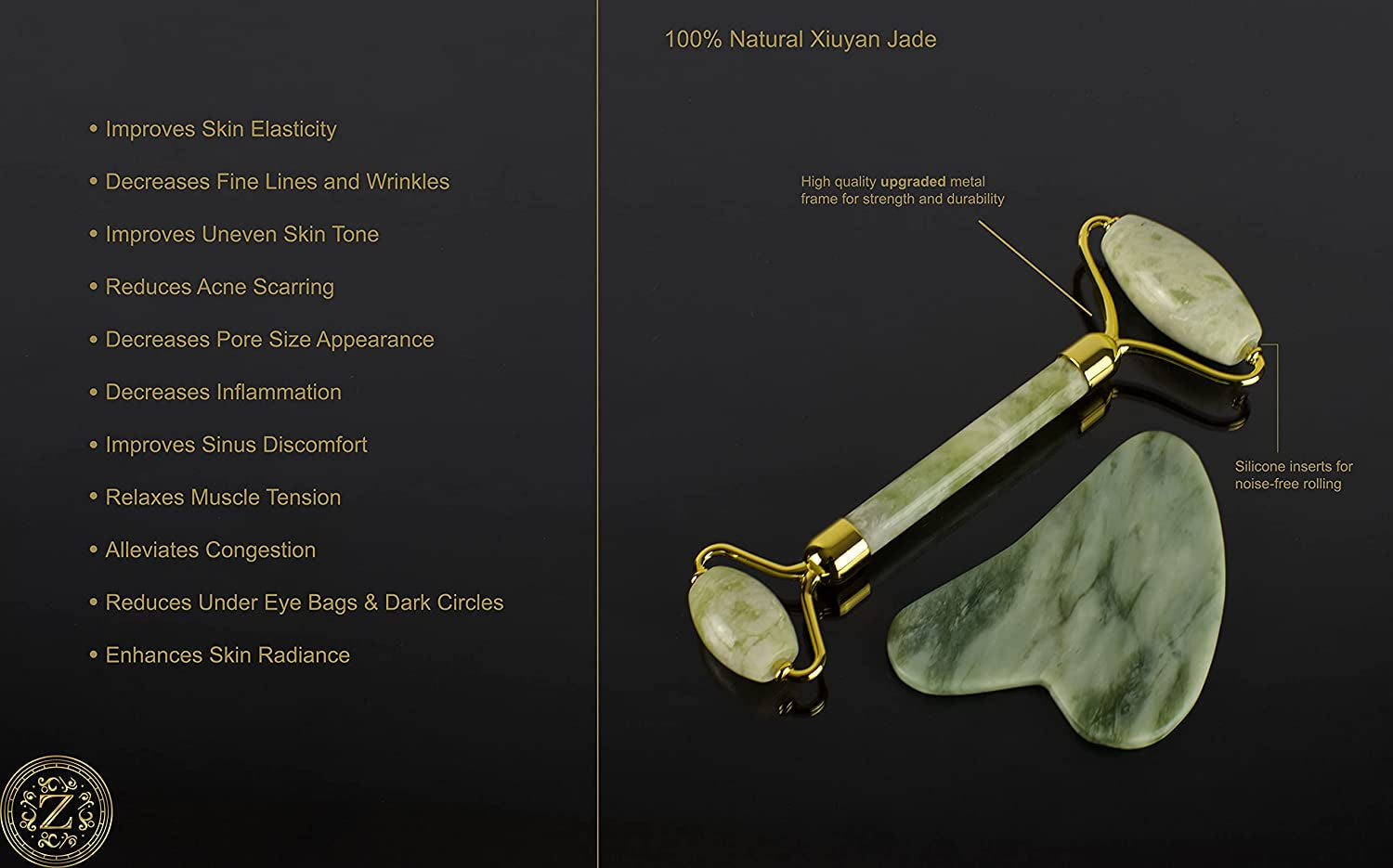 Jade Roller and Gua Sha Set - Luxury Facial Skincare Set by Zamlinco - Jade Stone Anti-Aging Skin Care Tools for Face, Eyes, Neck and Body | Reduce Fine Lines and Wrinkles Naturally Health & Beauty > Personal Care > Cosmetics > Cosmetic Tools > Skin Care Tools Zamlinco   