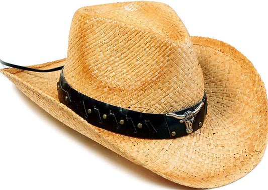 Livingston Men & Women'S Woven Straw Cowboy Hat W/Hat Band Apparel & Accessories > Clothing Accessories > Hats KYLIE MAX Bull_beige/ Brown Band  