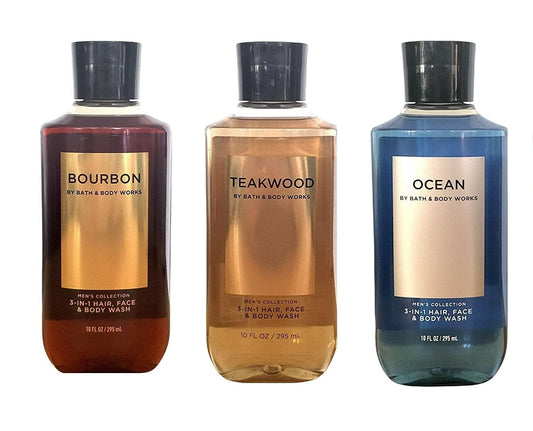 Bath and Body Works 3 Pack 2-In-1 Hair + Body Wash Teakwood, Ocean and Bourbon. 10 Oz. Health & Beauty > Personal Care > Cosmetics > Bath & Body Bath and Body Works   