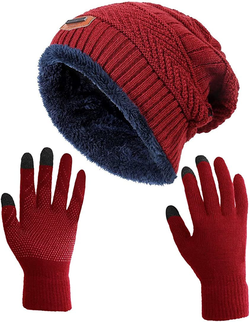 HINDAWI Winter Slouchy Beanie Gloves for Women Knit Hats Skull Caps Touch Screen Mittens Apparel & Accessories > Clothing Accessories > Gloves & Mittens HINDAWI Hat+gloves (Burgundy)  