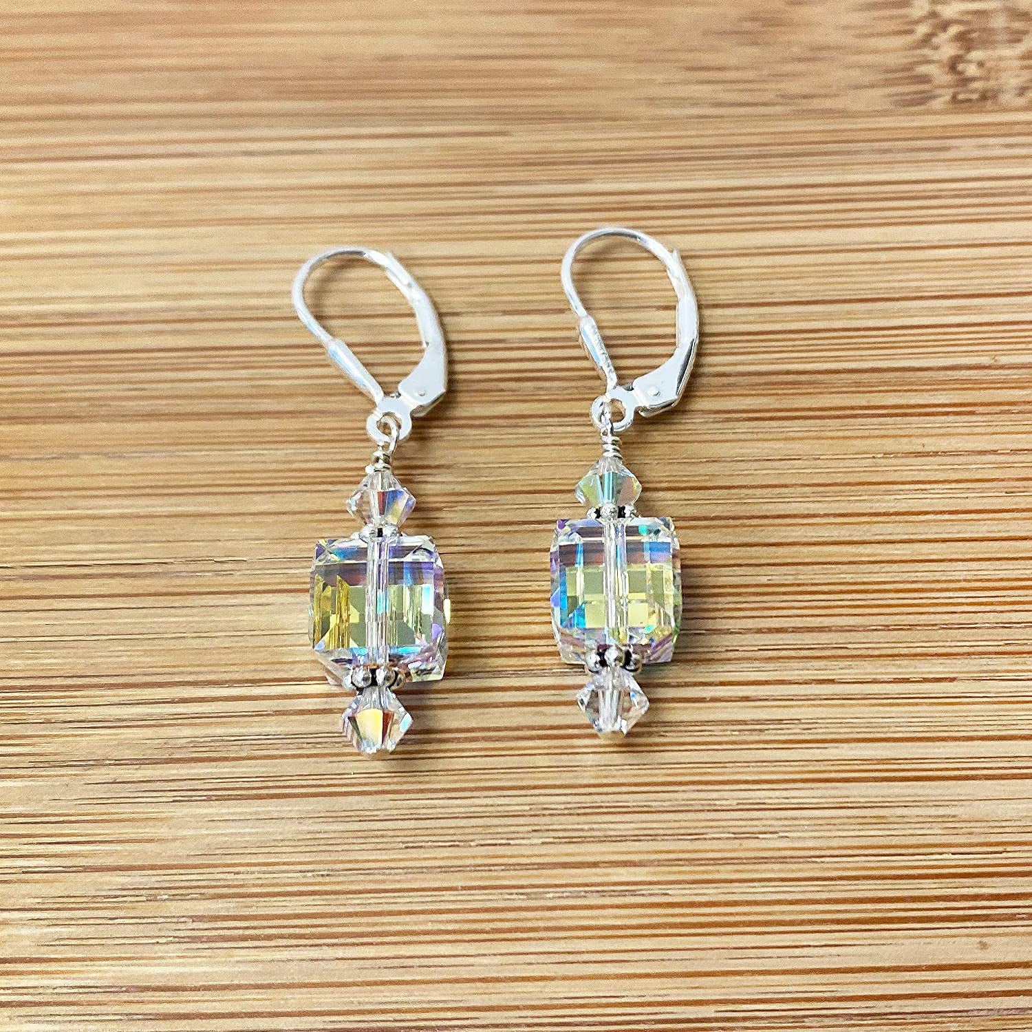 Handmade Cube Clear Austrian Crystals Leverback Drop Sterling Silver Earrings Apparel & Accessories > Jewelry > Earrings Gem Avenue   