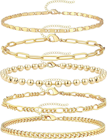 Reoxvo Dainty Gold Chain Bracelets Set for Women 14K Real Gold Plated Link Chain Bracelets for Women Trendy Gold Stackable Bracelets for Women Adjustable 7"+2" Apparel & Accessories > Jewelry > Bracelets Reoxvo Style 02  