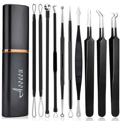 10PCS Blackhead Remover Tool, Aooeou Professional Pimple Popper Tool Kit - Treatment for Blemish, Whitehead Popping, Zit Removing for Risk Free Nose Face, Anti-Slip Coating Handle(Pink) Health & Beauty > Personal Care > Cosmetics > Cosmetic Tools > Skin Care Tools Aooeou Black  