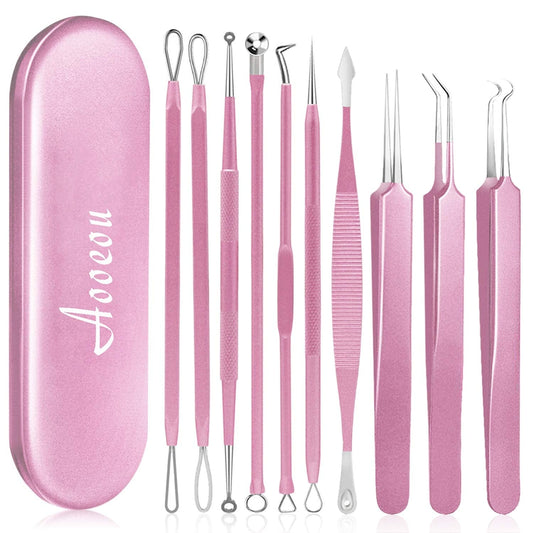 10PCS Blackhead Remover Tool, Aooeou Professional Pimple Popper Tool Kit - Treatment for Blemish, Whitehead Popping, Zit Removing for Risk Free Nose Face, Anti-Slip Coating Handle(Pink) Health & Beauty > Personal Care > Cosmetics > Cosmetic Tools > Skin Care Tools Aooeou Pink  