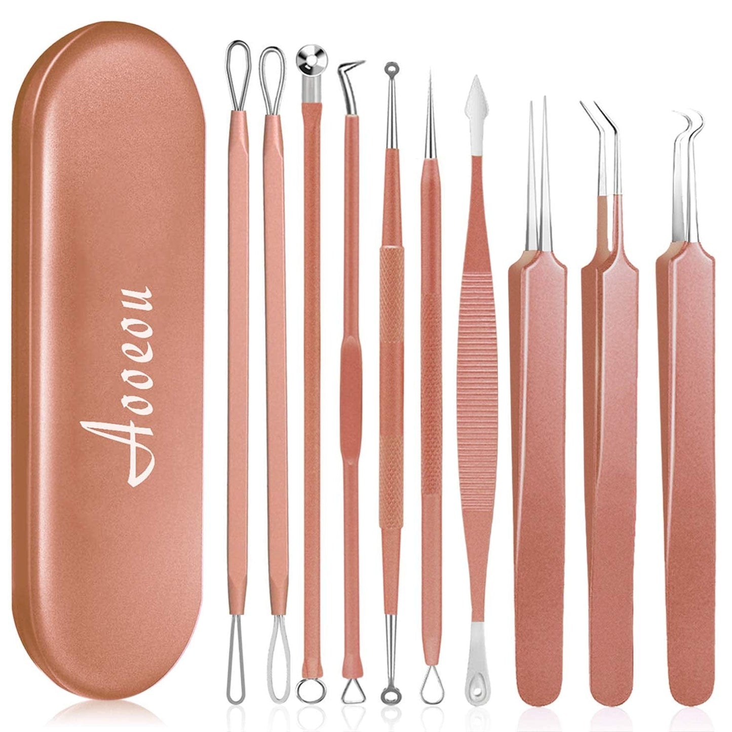 10PCS Blackhead Remover Tool, Aooeou Professional Pimple Popper Tool Kit - Treatment for Blemish, Whitehead Popping, Zit Removing for Risk Free Nose Face, Anti-Slip Coating Handle(Pink) Health & Beauty > Personal Care > Cosmetics > Cosmetic Tools > Skin Care Tools Aooeou Rose Gold  