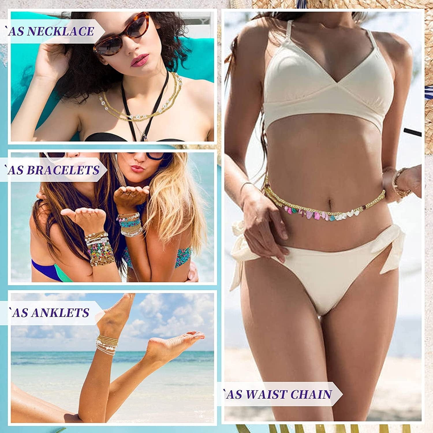 10PCS Waist Beads for Women with Crystals，Summer Belly Body Chain African Stretchy Waist Jewellery， Size 31"-37" Apparel & Accessories > Jewelry > Body Jewelry PgyBnk   
