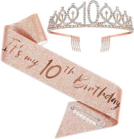 10Th Birthday Sash and Tiara for Girls, Rose Gold Birthday Sash Crown 10 & Fabulous Sash and Tiara for Girls, 10Th Birthday Gifts for Happy 10Th Birthday Party Favor Supplies Apparel & Accessories > Clothing Accessories > Sashes BRT Bearingshui   