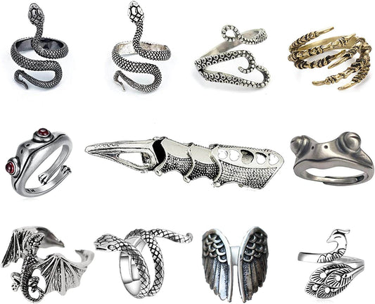 11 Pcs Vintage Frog Rings Cute Animal Open Ring Retro Snake Rings Set Full Finger Ring Statement Biker Punk Rings for Women Girls Men 11pcs