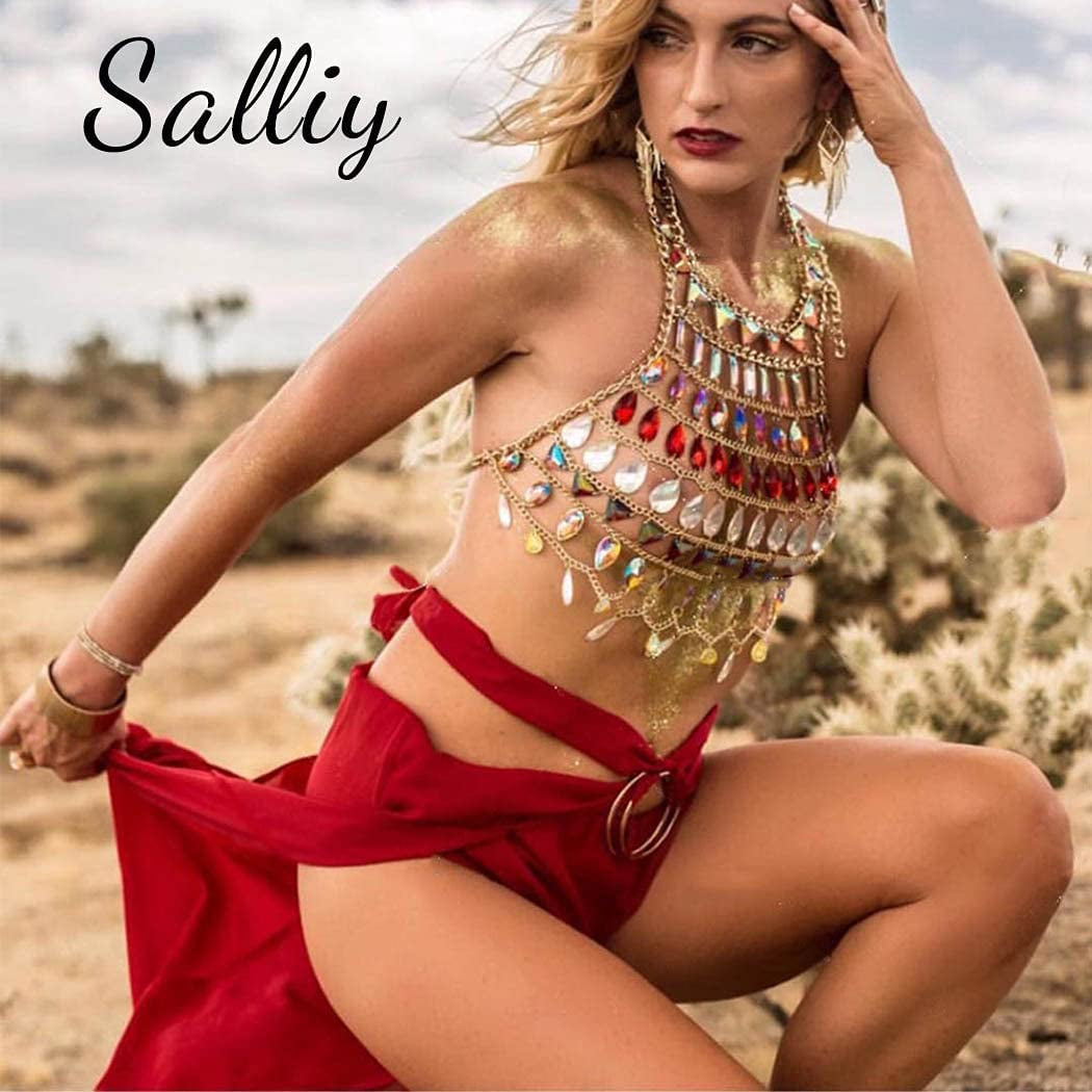 Salliy Boho Body Chain Bra Gold Sexy Rhinestone Bikini Bra Body Halter Backless Sequins Chain Bra Beach Body Accessories Jewelry for Women and Girls (Red) Apparel & Accessories > Jewelry > Body Jewelry Salliy   