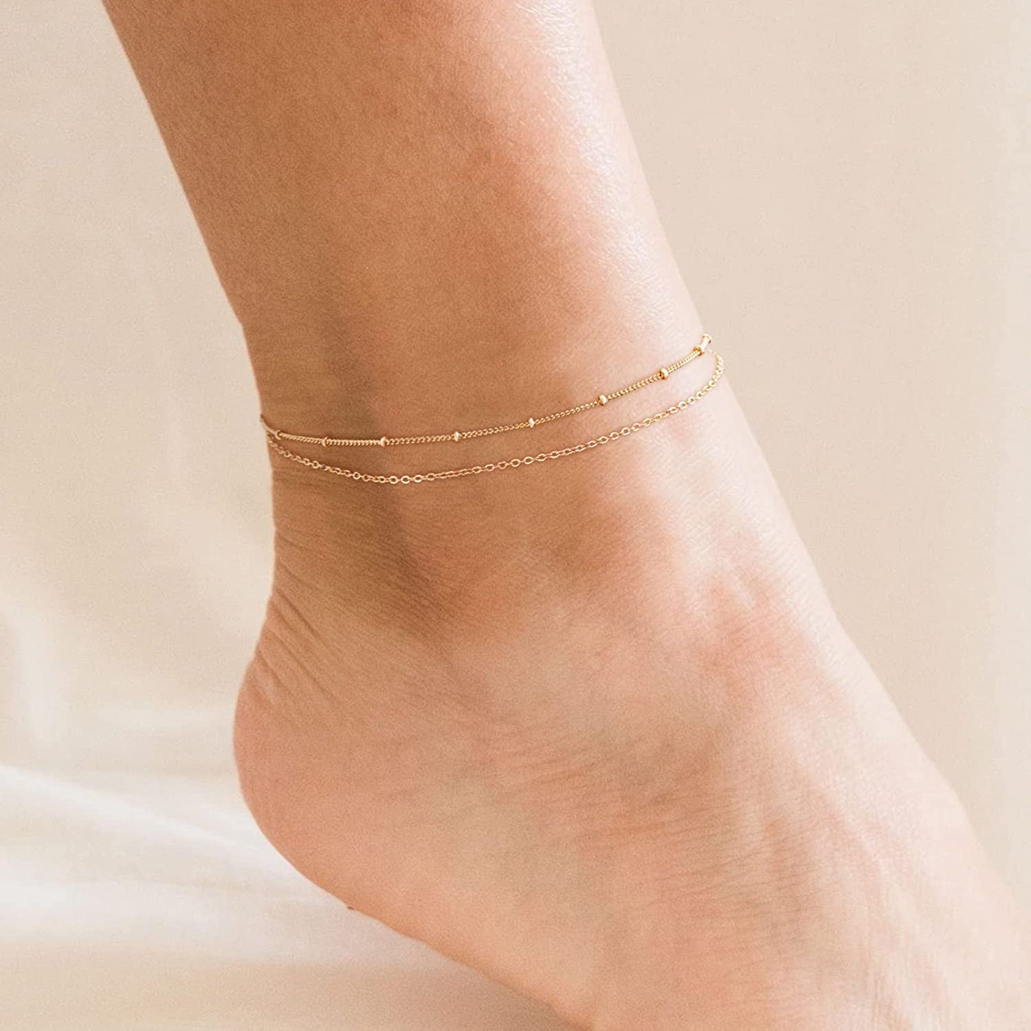 Women Dainty Anklet,14K Gold Plated Satellite Anklet Double Layered Cute Beads Chain Tassel Coin Disc Heart Summer Ankle Bracelet Boho Beach Foot Chain Apparel & Accessories > Jewelry > Anklets Befettly   